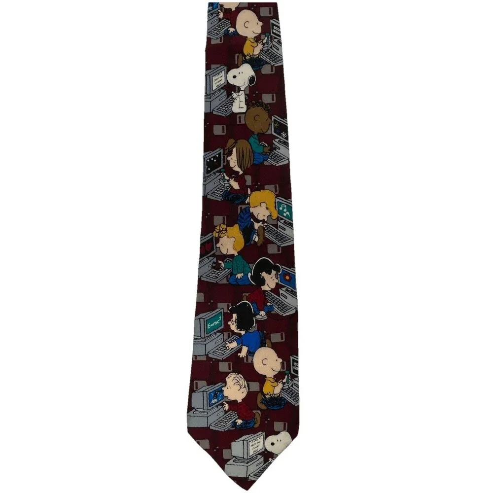 Vintage Peanuts “Surfing the Net” Tie 100% Silk Snoopy & Gang on Computers 55.5